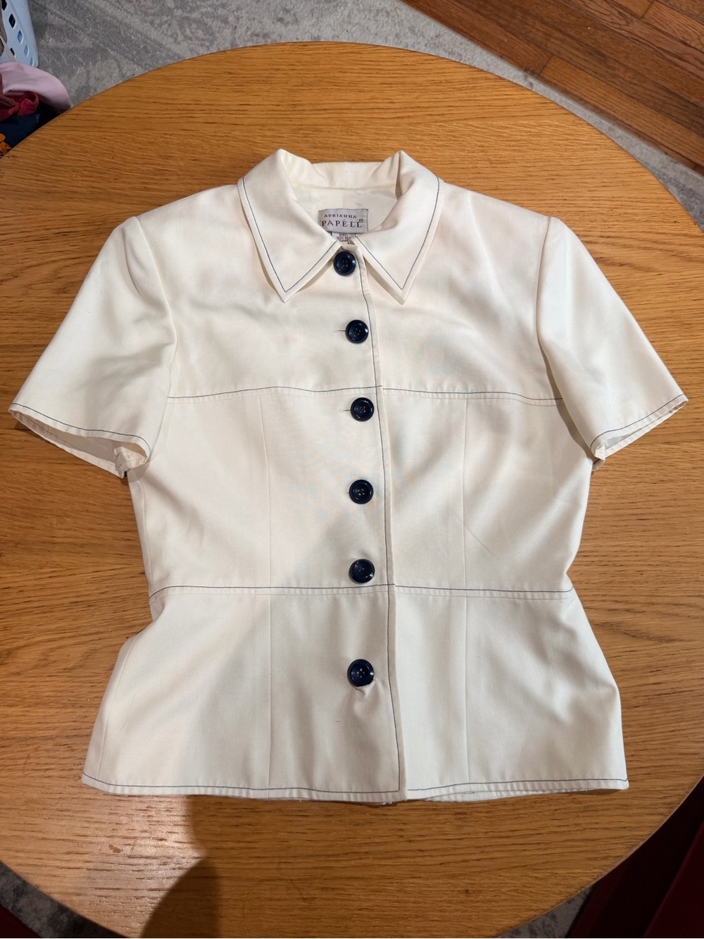 VintagAdrianna Papell Silk Cream Short Sleeve Button-Front Top with Navy Buttons